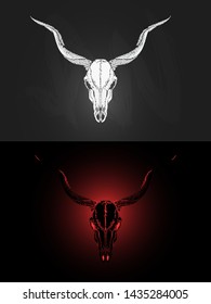 Vector illustration with two variants of hand drawn antelope skull on dark background. In realistic style. For you design, tattoo or magic craft.