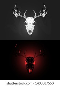 Vector illustration with two variants of hand drawn deer skull on dark background. In realistic style. For you design, tattoo or magic craft.