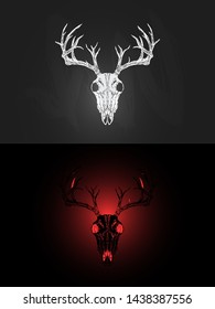 Vector illustration with two variants of hand drawn deer skull on dark background. In realistic style. For you design, tattoo or magic craft.