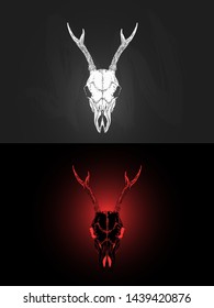 Vector illustration with two variants of hand drawn roe deer skull on dark background. In realistic style. For you design, tattoo or magic craft.