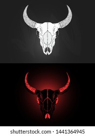 Vector illustration with two variants of hand drawn bul skull on dark background. In realistic style. For you design, tattoo or magic craft.