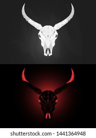 Vector illustration with two variants of hand drawn wild buffalo skull on dark background. In realistic style. For you design, tattoo or magic craft.