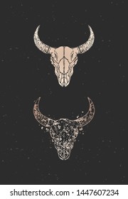 Vector illustration with two variants of hand drawn bull skulls on black background. Gold silhouettes and contour with grunge texture. For you design, print, tattoo or magic craft.
