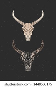 Vector illustration with two variants of hand drawn wild buffalo skulls on black background. Gold silhouettes and contour with grunge texture. For you design, print, tattoo or magic craft.