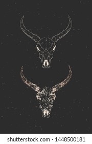 Vector illustration with two variants of hand drawn wild buffalo skulls on black background. Gold silhouettes and contour with grunge texture. For you design, print, tattoo or magic craft.