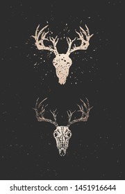 Vector illustration with two variants of hand drawn deer skull on black background. Gold silhouettes and contour with grunge texture. For you design, print, tattoo or magic craft.