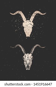 Vector illustration with two variants of hand drawn goat skull on black background. Gold silhouettes and contour with grunge texture. For you design, print, tattoo or magic craft.