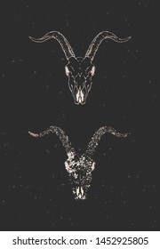 Vector illustration with two variants of hand drawn goat skull on black background. Gold silhouettes and contour with grunge texture. For you design, print, tattoo or magic craft.
