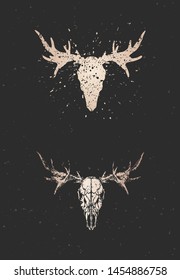 Vector illustration with two variants of hand drawn moose skull on black background. Gold silhouettes and contour with grunge texture. For you design, print, tattoo or magic craft.