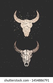 Vector illustration with two variants of hand drawn bull skulls on black background. Gold silhouettes and contour with grunge texture. For you design, print, tattoo or magic craft.