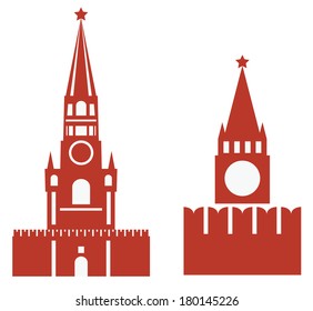 vector illustration of two variations of spasskaya tower and req square's wall - two red isolated icons about russia on white background