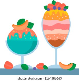vector illustration of two vases of colorful ice cream with fruits without background