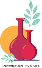 Vector illustration two vases with leaves and sun. 