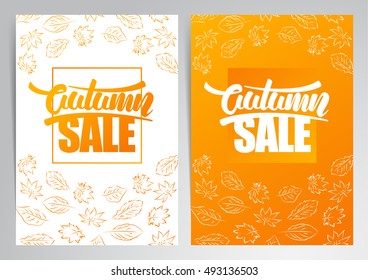 Vector illustration: Two vertical abstract template design of banner or poster with handwritten lettering of Autumn Sale and hand drawn leaves.