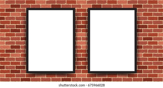 Vector illustration of two vertical posters in black frames against a red brick wall background