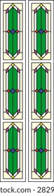 Vector illustration of two vertical rectangular stained glass panels with geometric diamond pattern. Green, cream, blue and yellow color palette. Perfect for modern front door, office, mosque and minimalist home architecture decor.