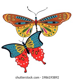 Ilustración vectorial de dos bellas mariposas coloridas sobre un fondo blanco.