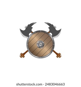 Ilustración vectorial Dos ejes vikingos y escudos aislados con un esquema de color marrón y plateado. Armas vikingas