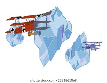 Ilustración vectorial de dos aviones vintage que vuelan entre hielo flotante. Diseño de camisetas con temas de la Primera Guerra Mundial.