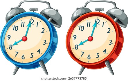 Vector illustration of two vintage alarm clocks in blue and red. Detailed design with classic dials and metallic bells