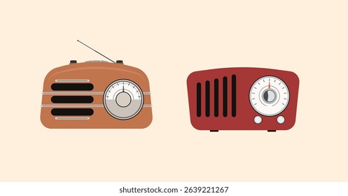 Vector illustration of two vintage retro radios with classic design, one in brown and one in red. Featuring analog dials, speaker grilles, and nostalgic shapes, isolated on soft beige background.