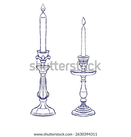 Vector illustration of two vintage-style candle holders with lit candles. Blue outline drawing perfect for romantic decor, packaging, event invitations, or classic table setting designs.