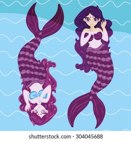 Vector illustration of two violet mermaids on the blue background. Cute mermaids in the sea.