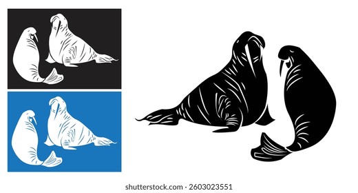 A vector illustration of two walruses. This illustration can be applied as a logo silhouette over a background of various colors.