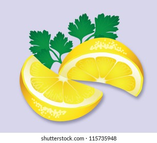 Vector illustration of two wedges of lemon with italian parsley garnish.