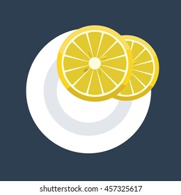 Vector illustration of two wedges of lemon slice on plate. Flat design mock up top view