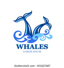 Vector illustration with two whales tails and waves. Hand drawn design available for logo, symbol, print, icon.