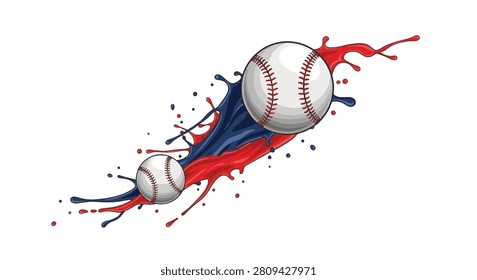 Vector illustration of two white baseballs with red stitching featuring dynamic red and blue paint splashes and liquid splatters, isolated on a clean white background.