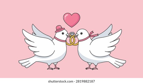 Vector illustration of two white cartoon doves facing each other holding interlocking gold wedding rings with a diamond on a pink background with a pink heart symbol above.