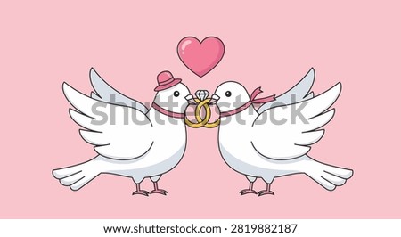 Vector illustration of two white cartoon doves facing each other holding interlocking gold wedding rings with a diamond on a pink background with a pink heart symbol above.