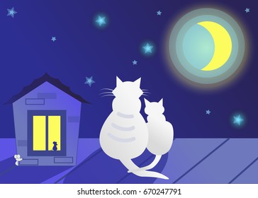 Vector. Illustration: two white cats sitting on the roof at night. Bright yellow moon and the stars on dark blue sky illuminate everything. Little mouse from the attic window. The concept of romance