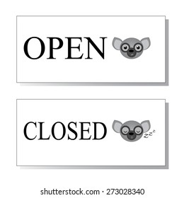 Vector illustration of two white door plates with Open and Closed words and cute lemur face images. Open doorplate. Closed doorplate.