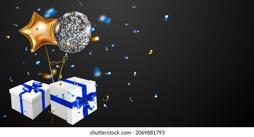 Ilustración vectorial con dos cajas de regalo blancas con cintas y arcos azules, globos dorados y plateados y pequeños trozos borrosos de serpentinas sobre fondo negro
