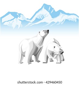 Vector illustration of two white polar bear on a background of of Icebergs.
