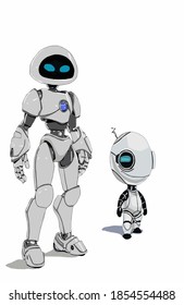 Vector illustration of two white robots with big blue eyes. Unique robots with lighted eyes and heart. Big and small white bio-robots of the future. Robots as concept for artificial intelligence.  