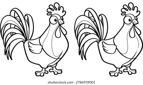 Vector illustration of two white roosters with red combs and wattles standing next to each other in a simple line art style.