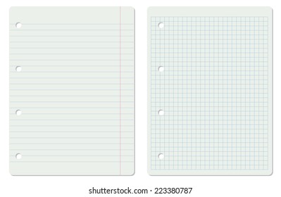 Vector illustration of two white school paper sheets, lined and squared