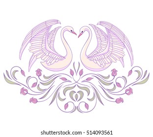 Vector illustration with two white swans and floral vignette, decorative elements isolated on white background