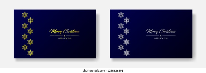 Vector illustration of two wide greeting cards with golden and silver  Merry Christmas and Happy New Year and flakes on the left. Dark blue background