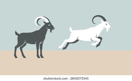 Vector illustration of two wild mountain goats with long curved horns, one dark standing and one white leaping.