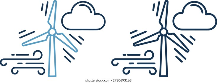 Ilustração vetorial de duas turbinas eólicas com nuvens e vento em contorno azul sobre fundo branco, simbolizando energia renovável e energia sustentável.