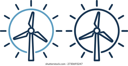Vector illustration of two wind turbines with blue and dark blue outlines, in circles with lines, on a white background