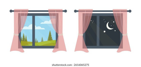 Vector illustration of two windows with curtains showing day and night views. One window displays a sunny landscape with blue sky and green hills, the other shows a starry night sky with the moon. 
