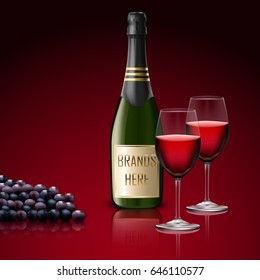 Vector illustration of  Two wineglass of champagne with bottle and grapes