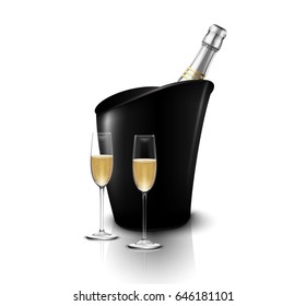 Vector illustration of  Two wineglass with wine bottles of champagne in a bucket
