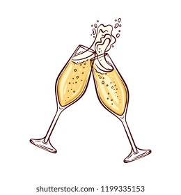 Ilustración vectorial de dos copas de vino con champán en estilo boceto - vasos dibujados a mano de bebida alcohólica fizzy dorada aferrándose con salpicaduras aisladas sobre fondo blanco.